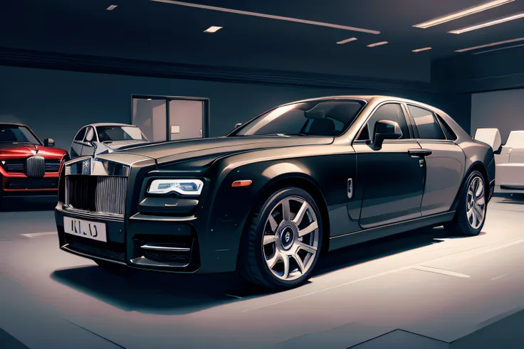 luxury garage，the lighting is dim，rolls-royce phantom，body sides，the door opened