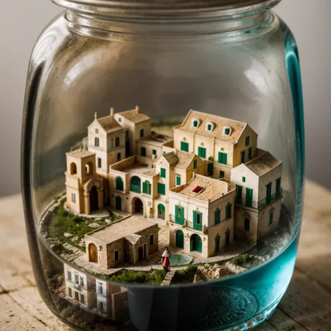 (An intricate mini-town of Matera tucked inside a square glass jar with lid), macro photography in close-up