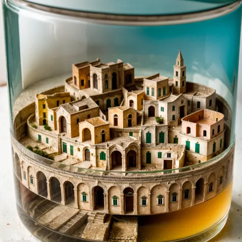 (An intricate mini-town of Matera tucked inside a square glass jar with lid), macro photography in close-up