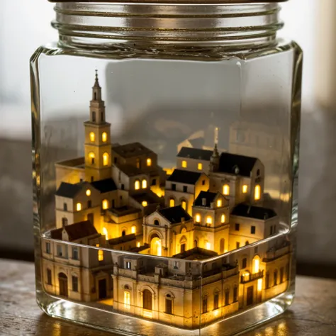 (An intricate mini-town of Matera tucked inside a square glass jar with lid), macro photography in close-up