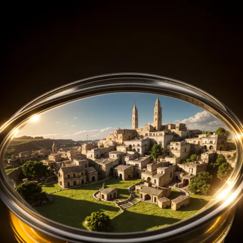 (An intricate whole mini-town of Matera tucked inside a square glass jar with lid, placing on the windowsill), atmospheric greenish lighting, Realism, film grain, super detail, on a desk, its summer in the jar. 4k UHD, dark vibes, hyper detailed, vibrant c...