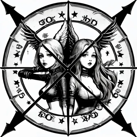 A black and white emblem with the image of the angel Lucifer and the devil Satan