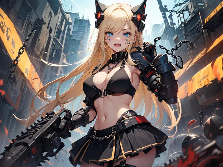 top-quality、Top image quality、​masterpiece、girl with((Black Bikini、Black Mechanical Armor、sixteen years old、teen ager、cute little、Best Bust、big bast,Beautiful light blue eyes、Breasts wide open, a blond、A slender,Large valleys、belligerent movements,Warlike ...