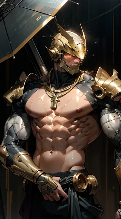 1boy age 20, muscular fit with ((bare chest)), science fiction armor, science fiction helmet, chains, abstract gold background explosion, sweating heavily, musculature, necklace, raining. Big pecs, washboard abs, tan skin or fair skin, sweating. Skin visib...