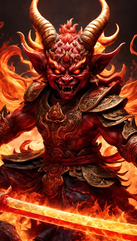 Best quality at best,ultra - detailed,actual:1.37,Chinese mythology,asuras,Scary numbers,Fire-red skin,dark and sharp eyes,Sharp fangs,has horns on its head,Intense expression,fit-muscled body,elegant armor,delicate patterns,Glowing aura,surrounded by flam...