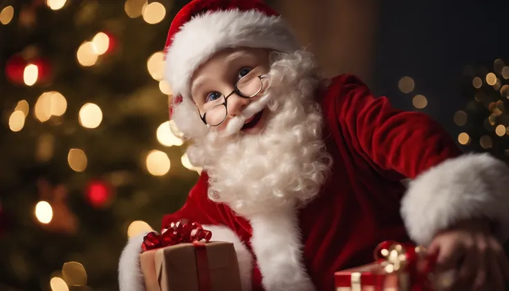 A high-resolution image of a cute Santa Claus holding a sack filled with gifts, with a twinkle in his eye and a mischievous smile, creating a visually playful and whimsical scene.