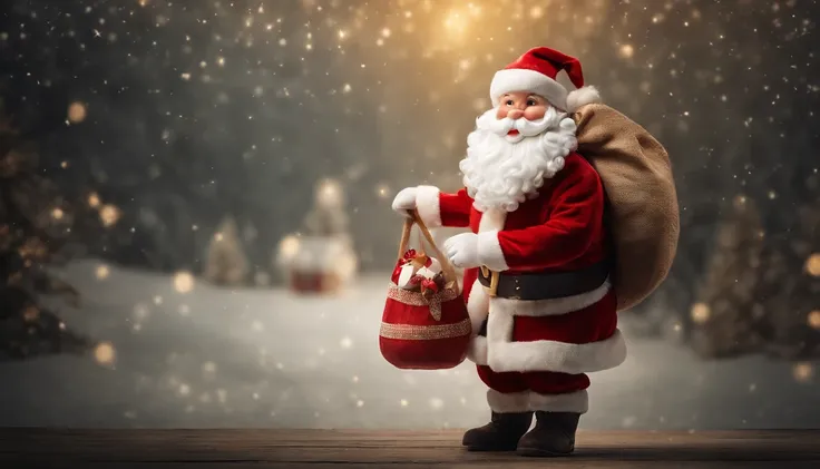 A high-resolution image of a cute Santa Claus holding a sack filled with gifts, with a twinkle in his eye and a mischievous smile, creating a visually playful and whimsical scene.