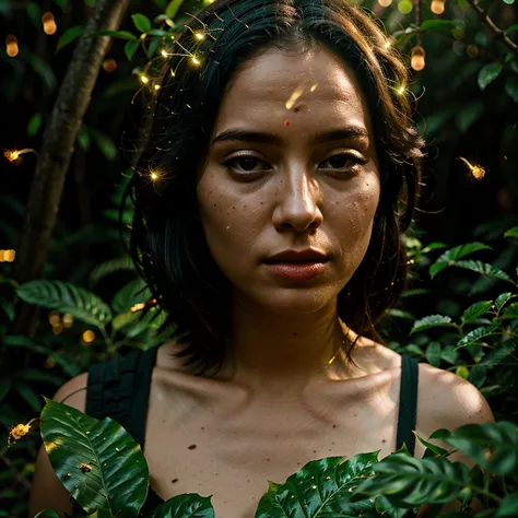 Woman in jungle surrounded by fireflies, Octane render, Cinematic lighting, otherworldly, macro photography, macro lens, highly detailed,