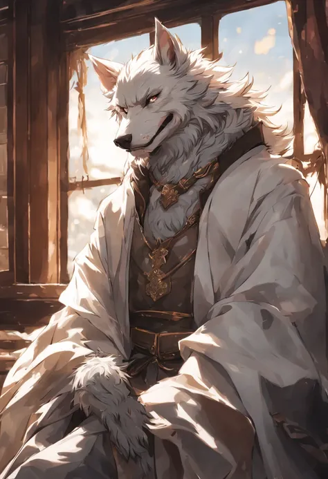 (higher resolution, distinct_image) The best quality, a man, white werewolf, masterpiece, highly detailed, anime style, nekojishi style, arknights, 70 years old, beautiful, old, handsome, medieval clothing, collar on neck, interior, window, wake up, mornin...