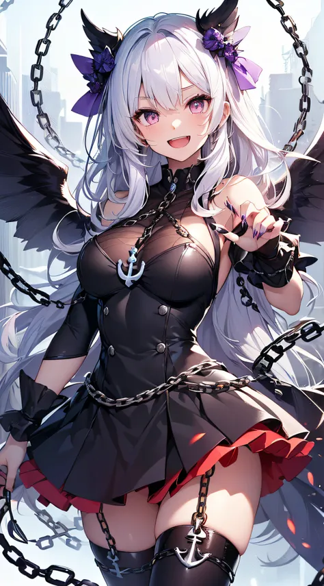 top-quality、Top image quality、​masterpiece、girl with((Black Dress、silver leg arms、Shining red body line、sixteen years old、teen ager、cute little、Best Bust、big bast,Beautiful shining purple eyes、Breasts wide open, white  hair、Black wings,Longhaire、A slender,...