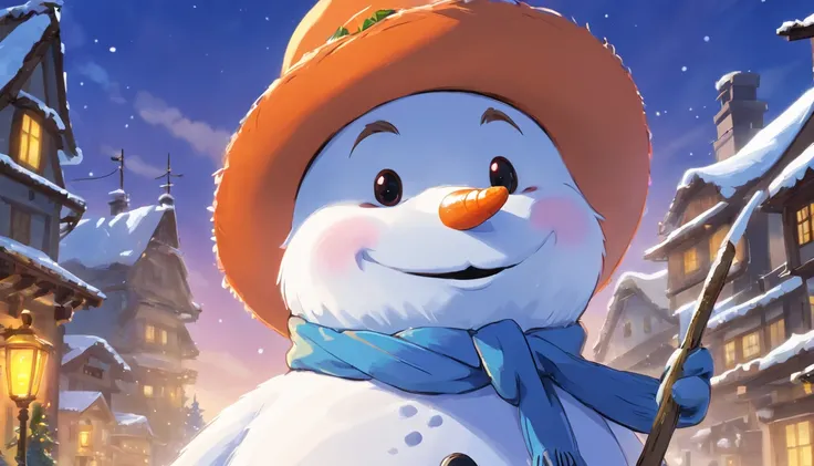 A high-resolution image of a cute snowman with a carrot nose, coal eyes, and a big smile, showcasing its adorable and friendly features.