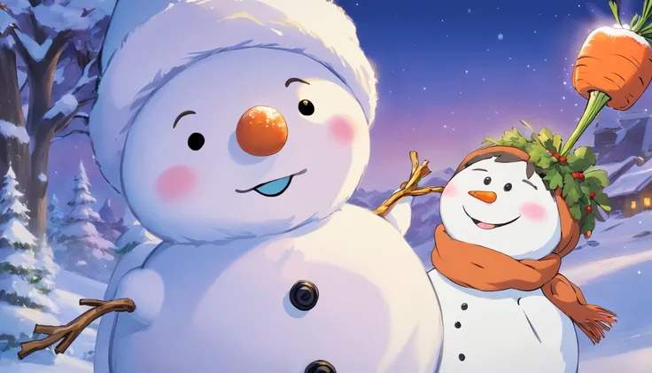 A high-resolution image of a cute snowman with a carrot nose, coal eyes, and a big smile, showcasing its adorable and friendly features.