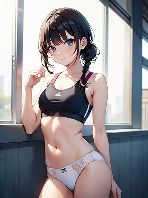 Sportsbra、White panties、Blunt bangs、Side braid、small tits