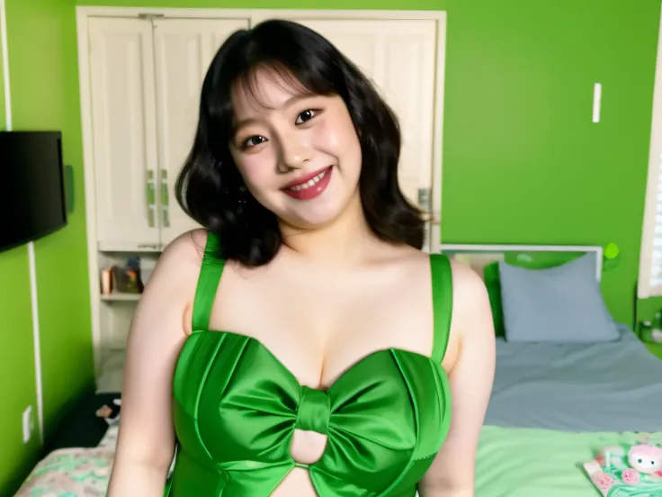 there is a woman that is standing in a bedroom with a green dress, bbwchan, shikamimi, sie boob, she is smiling and excited, ruan cute vtuber, 😭 🤮 💕 🎀, she is smiling, thicc, 1 8 yo, cl, 3 0 years old woman, 30 years old woman, an asian woman