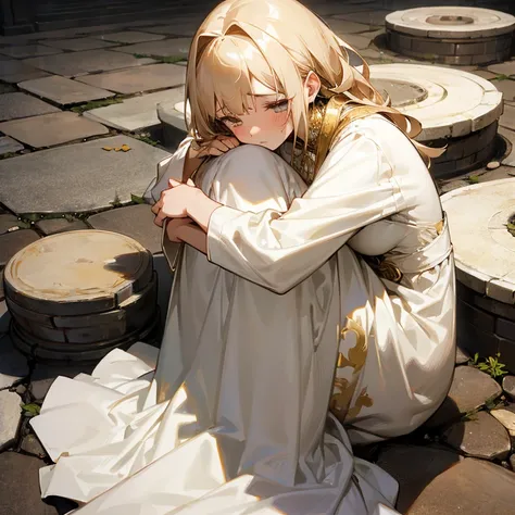 woman in white dress and gold ornaments、with a sad expression、hugging a girl wearing dirty and tattered clothes.　stone pavement　Retro