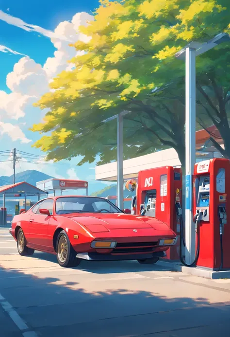 highest  quality，ultra clear details，red gas station，Blue car，with blue sky and white clouds，Bright colors，Golden tree，white backgrounid，low-saturation