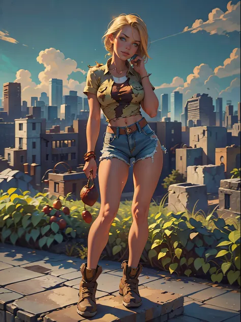 2076 year. the urban ruins of the wasteland, female huntress picking fruit in the garden, beautiful face, blonde, badly torn shi...