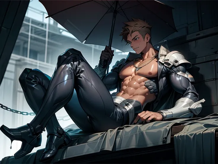 1boy age 20, muscular fit with ((bare chest)), ((white)) science fiction armor, science fiction helmet, chains, sweating heavily, musculature, necklace, raining. Big pecs, washboard abs, tan skin or fair skin, sweating. Skin visible. Legs spread wide, half...