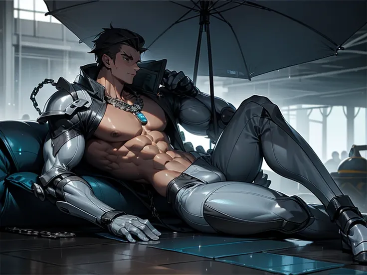 1boy age 20, muscular fit with ((bare chest)), ((white)) science fiction armor, science fiction helmet, chains, sweating heavily, musculature, necklace, raining. Big pecs, washboard abs, tan skin or fair skin, sweating. Skin visible. Legs spread wide, half...