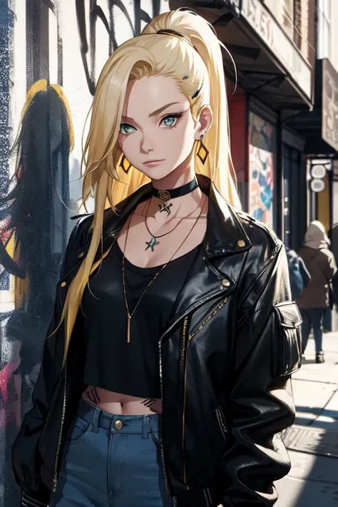 (masterpiece:1.2, best quality), (1lady, solo, upper body:1.2),ino yamanaka, yellow hair, long hair, tattoos, jacket, earrings, choker, necklace, Hanging out in an underground music venue or street art exhibit