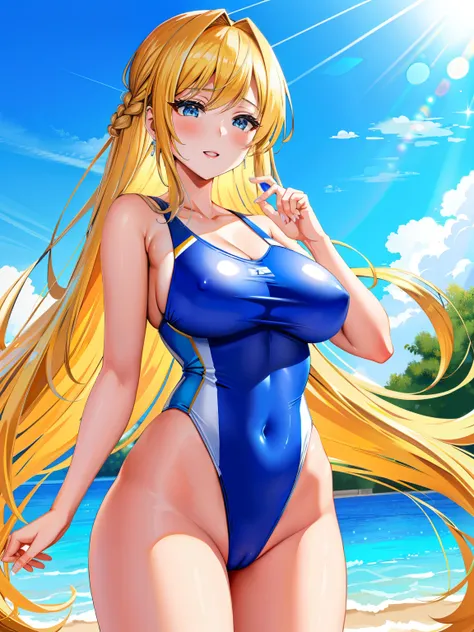 an anime girl、Mature girls、beautiful a girl、Cute little girl s、middle school girl、solo、girl wearing a swimsuit、very long blonde girl、rating:safe、onepiece swimsuit、 Anime girl wearing a light blue and yellow tank suit、 Light blue and yellow high-leg racing ...