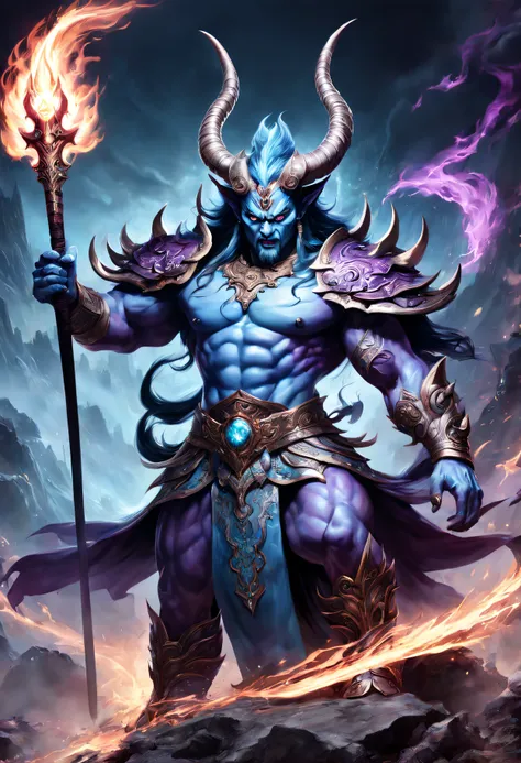 Best quality，ultradetailed，realistically：1.37，Chinese mythology，asuras，King of Devils，terrible death，light blue colored skin，dark piercing eyes，sword in hands，has horns on its head，heavy muscular figure，elegant armor，delicate patterns，Glowing aura，Surround...