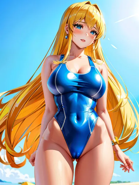 an anime girl、Mature girls、beautiful a girl、Cute little girl s、middle school girl、solo、girl wearing a swimsuit、very long blonde girl、rating:safe、onepiece swimsuit、 Anime girl wearing a light blue and yellow tank suit、 Light blue and yellow high-leg racing ...