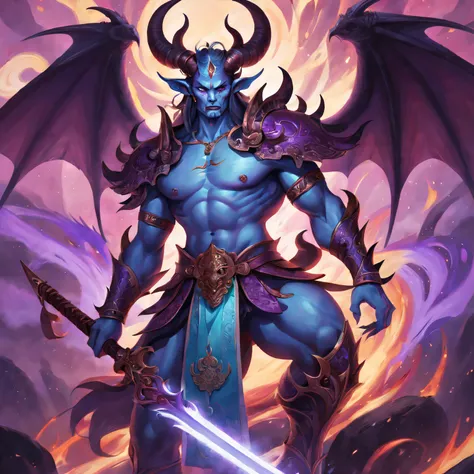 Best quality，Chinese mythology，asuras，King of Devils，terrible death，light blue colored skin，dark piercing eyes，sword in hands，has horns on its head，heavy muscular figure，elegant armor，(demonic wings)，delicate patterns，Glowing aura，Surrounded by purple flam...