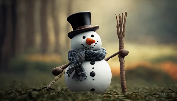 A high-resolution image of a cute snowman wearing a top hat and a plaid scarf, with a carrot nose and stick arms, creating a visually classic and timeless scene.