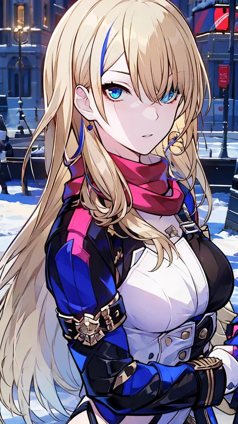 (masterpiece:1.2), (pale skin:1.2), (solo:1.2), (female:1.1), (emphasis lines:1.3), long hair, blonde, winter, outdoors, (red scarf), gloves, blue eyes, (winter clothes:1.3), city