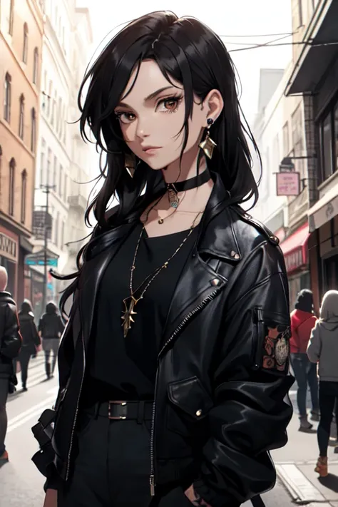 (masterpiece:1.2, best quality), (1lady, solo, upper body:1.2),tenten, black hair, long hair, tattoos, jacket, earrings, choker,...