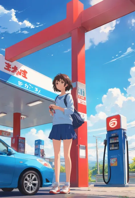 highest  quality，ultra clear details，20-year-old man happily filling up at red gas station，with blue sky and white clouds，Bright colors，Golden tree，white backgrounid，low-saturation