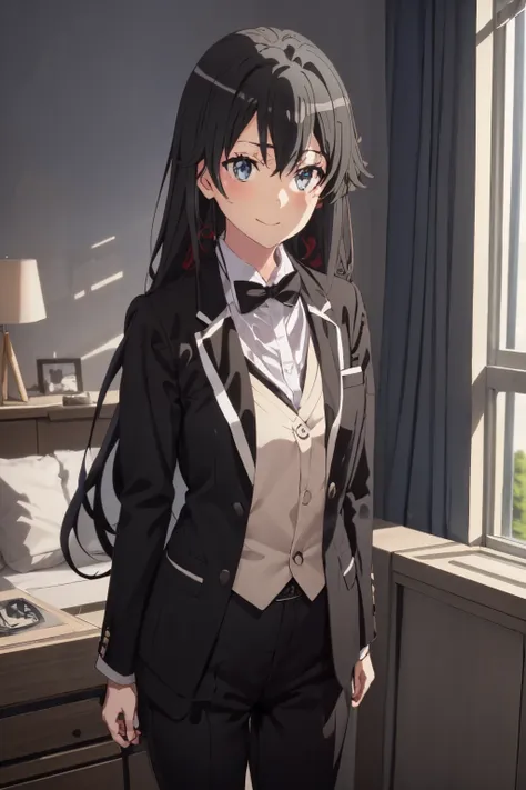 1girl, illustration of a girl, yukinoshita yukino, view wears a tuxedo tailcoat, standing, ((anime)) 8k colerfull