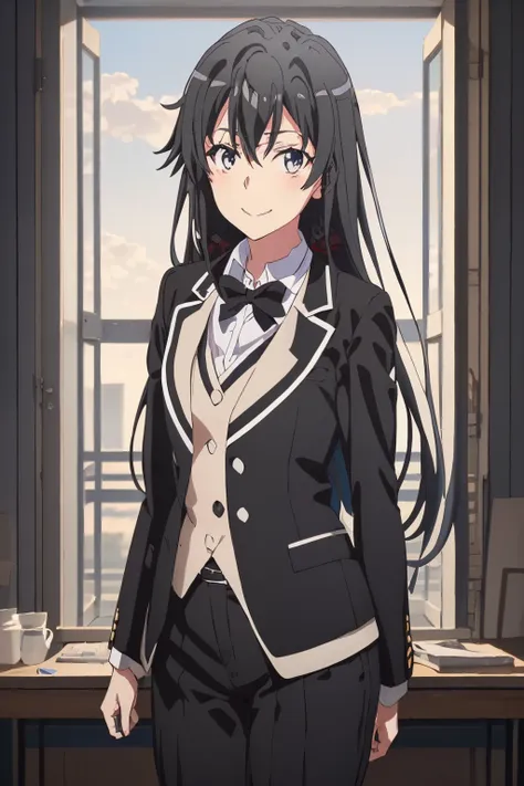 1girl, illustration of a girl, yukinoshita yukino, view wears a tuxedo tailcoat, standing, ((anime)) 8k colerfull