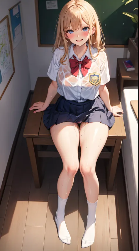 1girl in, Parted lips, blush, makeup, lightsmile, School uniform, Full body, Wide Angle, From  above, crass room, llight rays, Glow, thighs thighs thighs thighs, 鎖骨, Narrow waist, (masutepiece), Wallpaper,Wet body、Drooling、White socks、cum shots