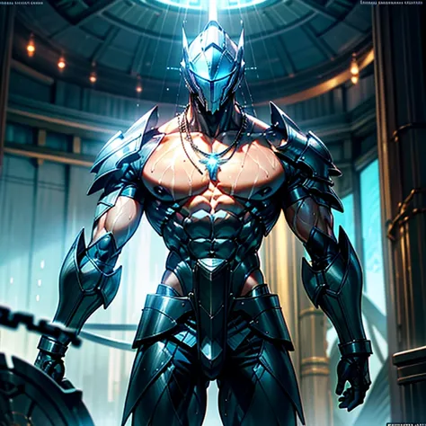 Front view, center view, cinematic lighting, cg render, 1boy age 20, muscular fit with ((bare chest)), ((white)) science fiction armor, science fiction helmet, chains, sweating heavily, musculature, necklace, raining. Big pecs, washboard abs, tan skin or f...