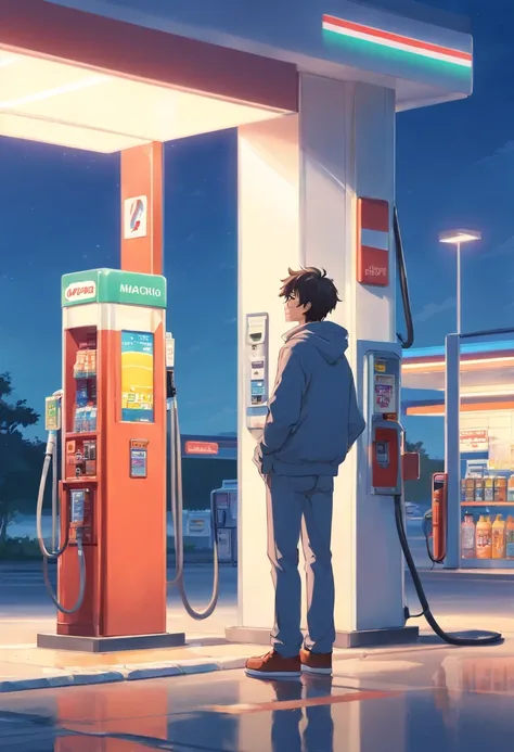 Cartoon scene of a man standing at a gas station using a gas pump