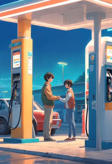 Cartoon scene of a man standing at a gas station using a gas pump