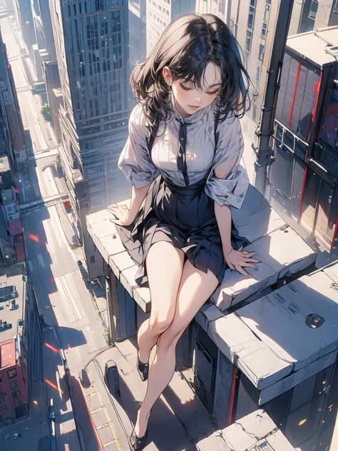 woman, detailed face, aerial angle, 50m tall, wearing skirt, panties, (pubic hair), close eyes, open legs, city, crotch hit on the top edge of the building, people looking up her, small cars, orgasm face, belly button