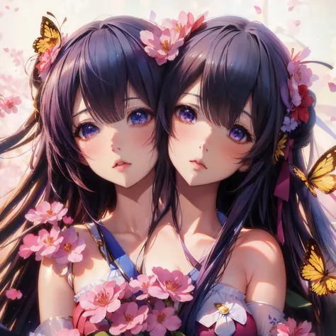 (masterpiece, best quality), best resolution, (2heads:1.5), 1girl, conjoined, anime girls with long hair and butterfly wings in their hair, two beautiful anime girls, anime styled 3d, beautiful anime style, 3d anime girl, 🌺 cgsociety, anime highly detailed...