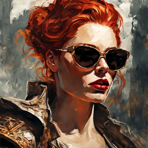 a beautiful red-haired woman with red lipstick and sunglasses, com estilo expressionista, medieval, estilo de ilustrador feito p...