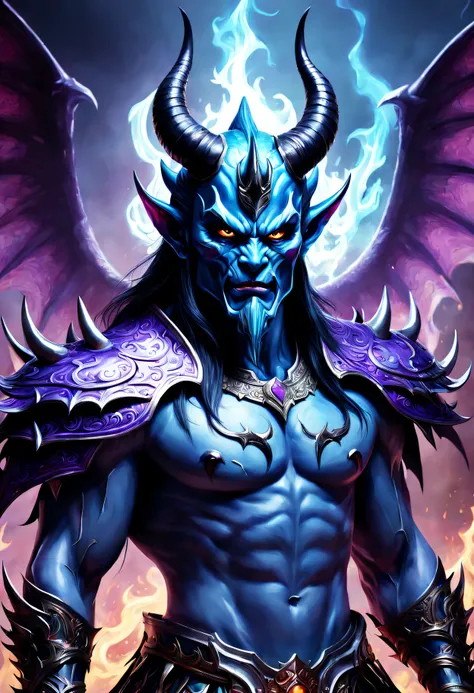 Best quality，ultradetailed，realistically：1.37，Chinese mythology，asuras，King of Devils，terrible death，light blue colored skin，dark piercing eyes，has horns on its head，heavy muscular figure，elegant armor，(demonic wings)，delicate patterns，Glowing aura，Surroun...