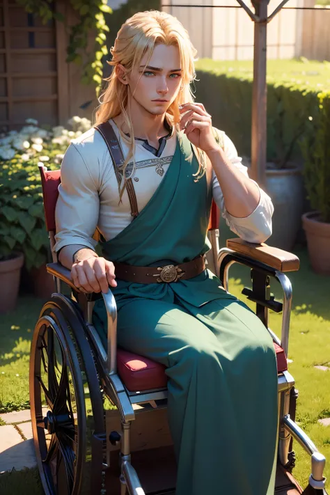 background in the garden, named is Da,1boy, (man), anime, extremely detailed, hyper detailed, (broad shoulders), (PERFECT FACE), illustration, soft lighting, 3d, detailed eyes, blonde hair, long hair, teal eyes, Sit in a wooden wheelchair, wearing is tunic...