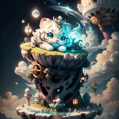 centered composition, symmetrical composition, a tiny and cute white tiger perched on a palace situated on a cloud-covered floating island that drifts through the sky, with a magical anchor keeping it grounded in an otherworldly location, at midnight. high...