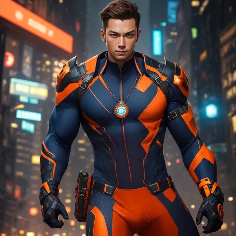 concept-art, Photorealistic, perfect head, Detailed face, Full body, Male, Marvel-style character, Brown hair, Brown eyes, orange-navy blue tight suit, shoulder protections, orange chest and skirt, orange gloves and boots, medallion with blue gem, futurist...