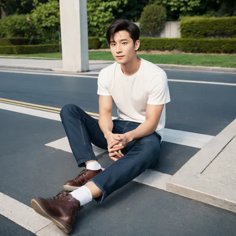 A handsome man sitting on the ground