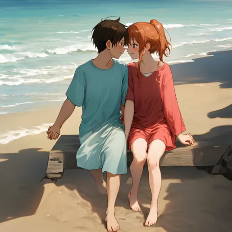 A couple is walking along the beach holding hands。Sit back and snuggle