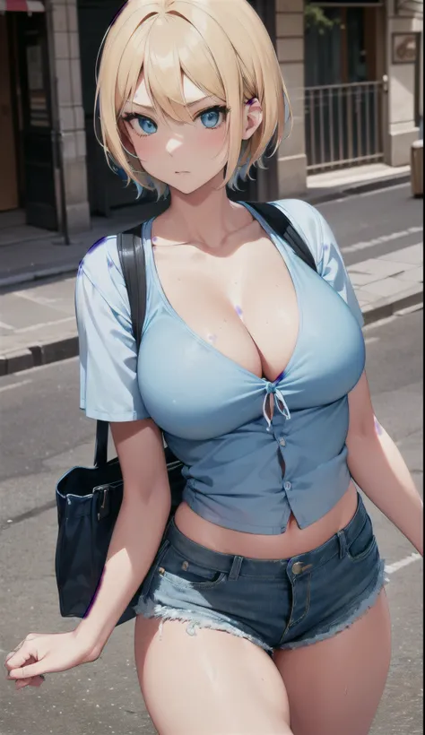 High resolution, 2D anime style, beautiful blue eyes, (talented lo-fi: 1.3), a cool adult woman with slightly larger breasts, short blonde hair and a serious expression...., beautiful facial features Fashion that shows adult faces and cleavage, white tops ...