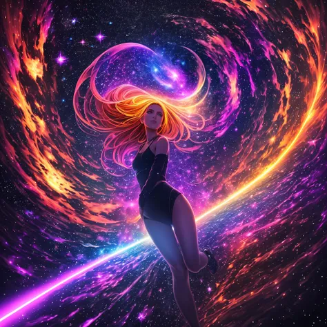 dark deep universe，Blacklight draws a path to the center of the frame, Hejig, vibrant with colors, a 3D render, meteorite，heavenly body，black hole，Glare，1 girl, in the universe starry sky，（black light art drawing：1.5）