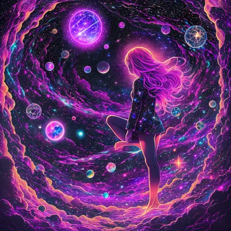 A dark and deep universe，Blacklight draws a path to the center of the frame, Hejig, dark vibrant colors, a 3D render, meteorite，heavenly body，black hole，strong lights，1 girl, In the cosmic starry sky，（Black light art drawing：1.5）